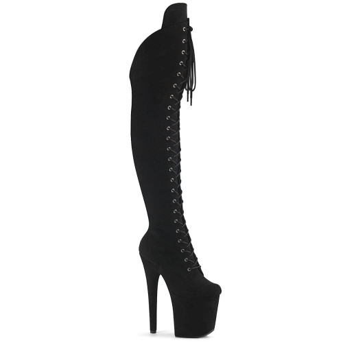Pleaser Flamingo-3014FS – Schwarze Wildleder-Overknee-Stiefel mit Schnürung (Absatz 20 cm)