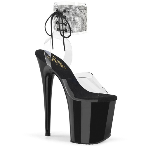 Pleaser Flamingo-891-2RS – Sandalias negras con pedrería y cordones (tacón 20 cm)