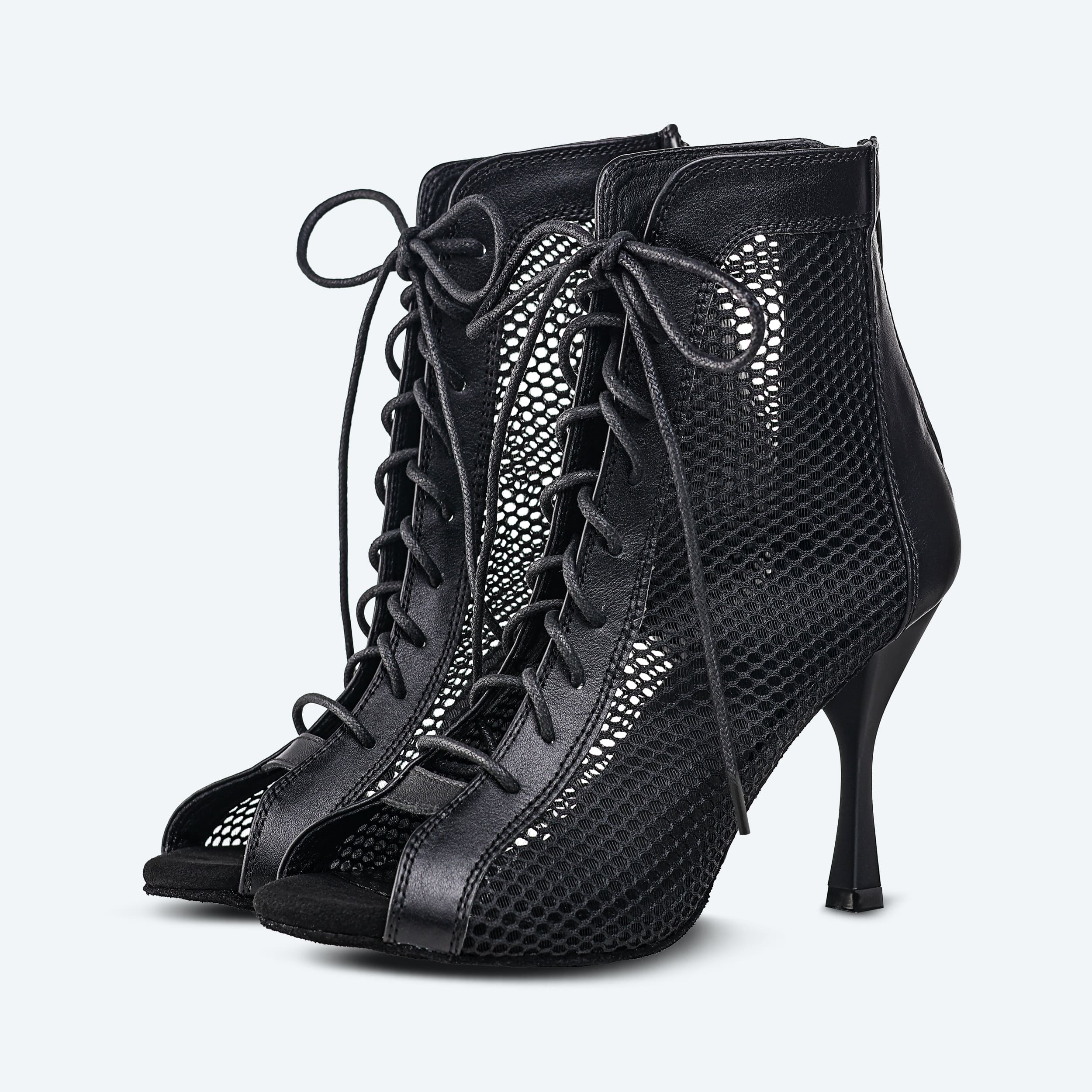 Amsterdam – Black Leather High Heel Booties with 3D mesh (heel 9 cm)