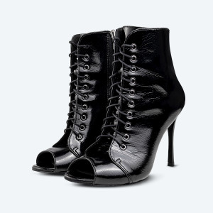 Glossy Goddess – Black Patent Leather High Heel Booties (heel 10 cm)