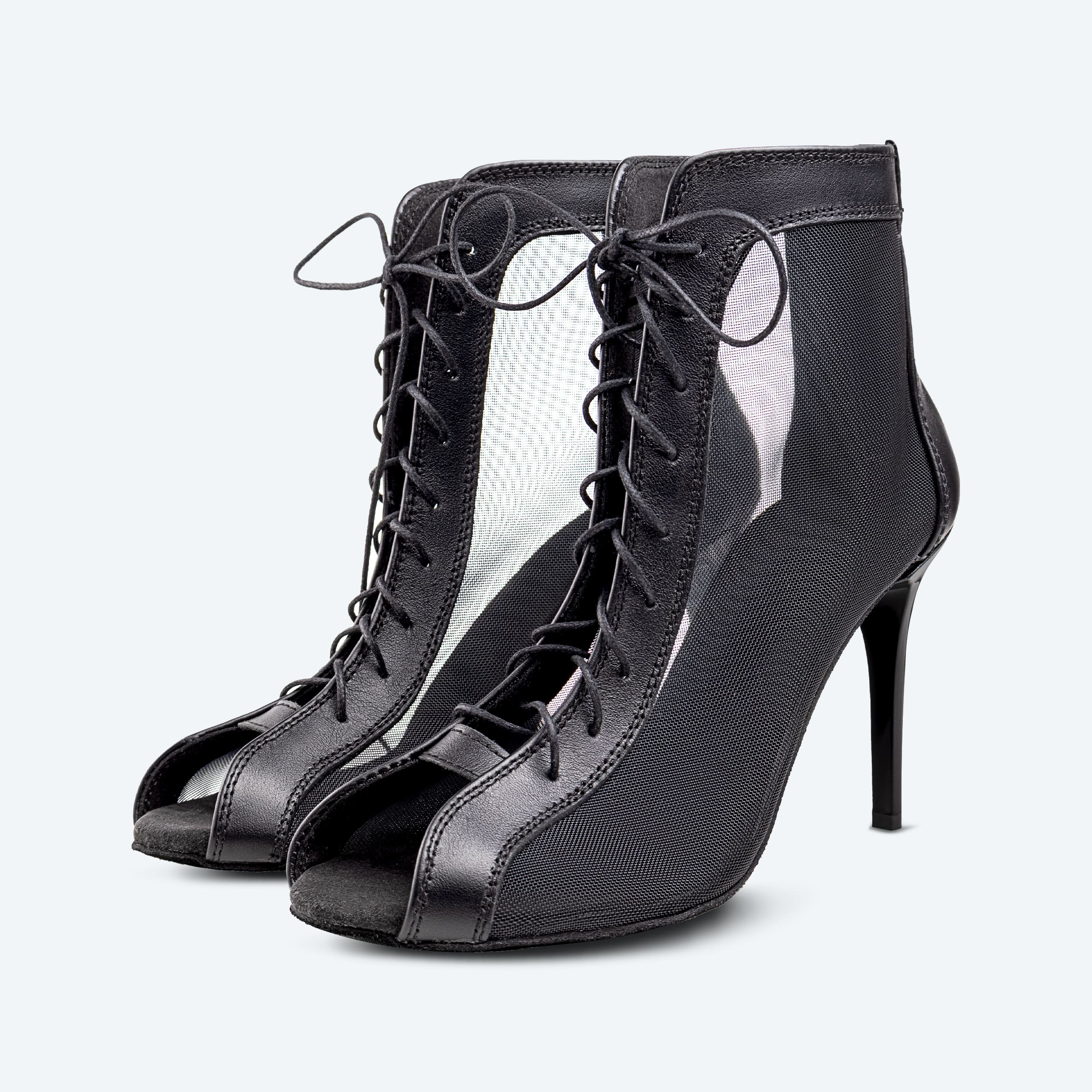 Paris – Black Leather High Heel Booties with mesh (heel 9 cm)