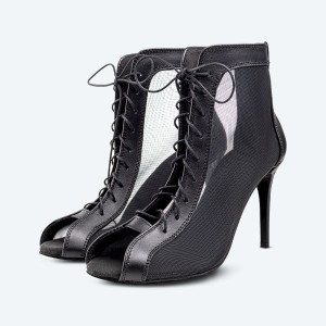 Paris – Black Leather High Heel Booties with mesh (heel 9 cm)