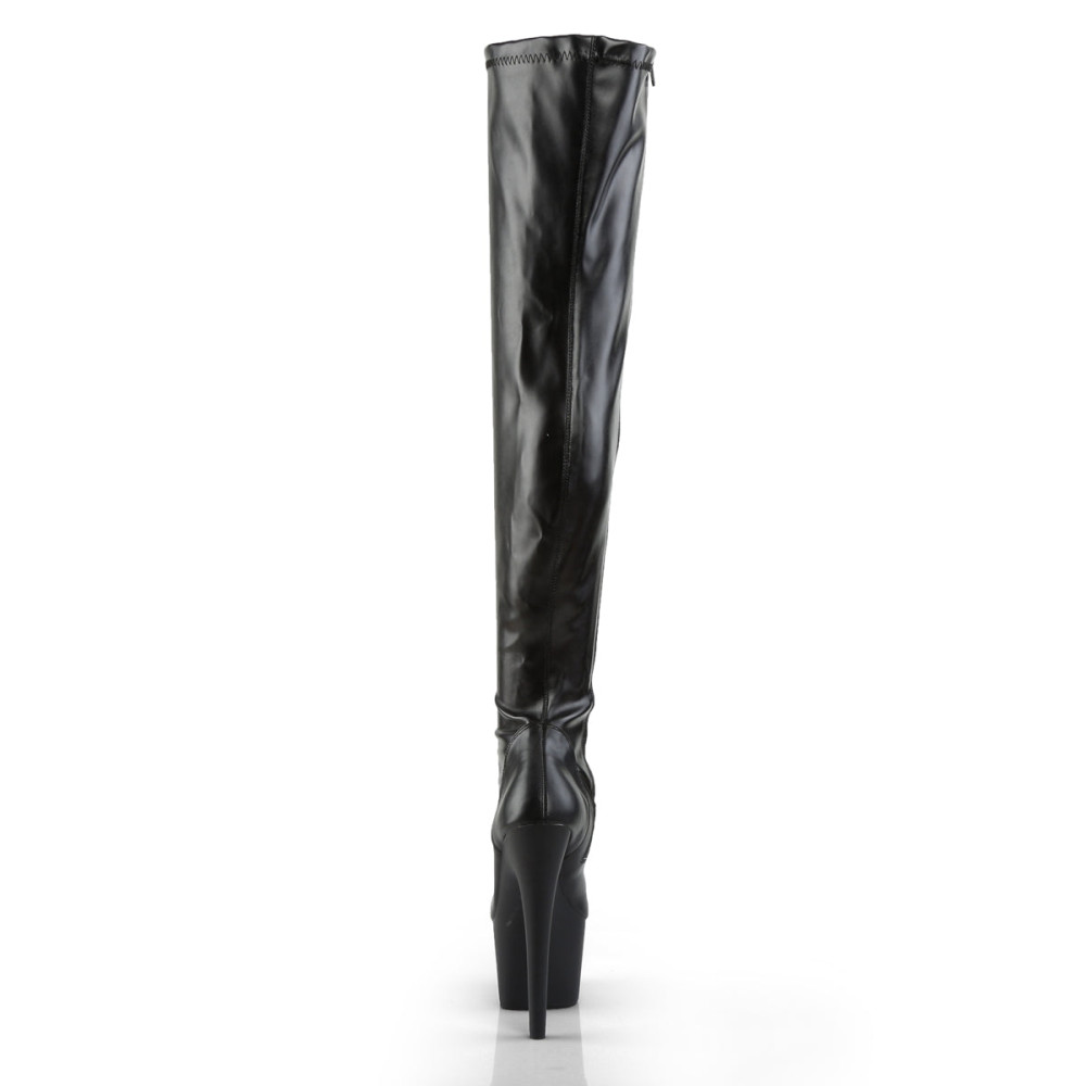 Pleaser Adore-3000 - Black Stretch Faux Leather Thigh High Boots (Heel 17.8 cm) - 3