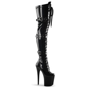 Pleaser Flamingo-3028 - Czarne lakierowane buty za kolano (20 cm obcas)