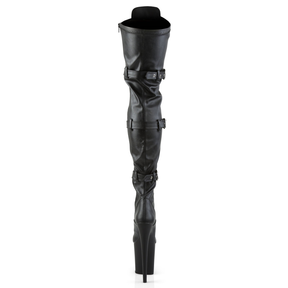 Pleaser Flamingo-3028 - Black Stretch Faux Leather Thigh High Boots (20 cm Heel) - 3