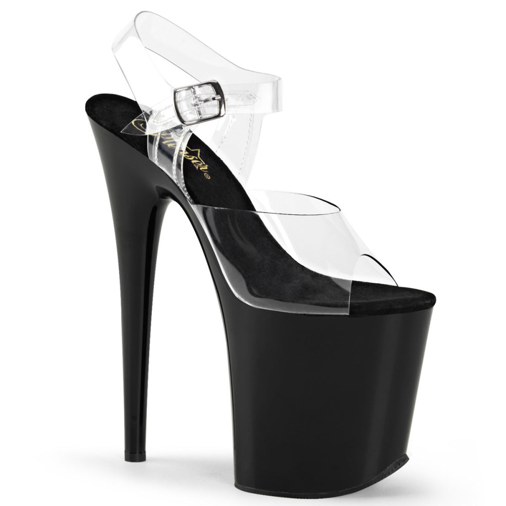 Pleaser Flamingo-808 - Clear/Black Ankle Strap Sandals with High Platform (20.3 cm Heel) - 1